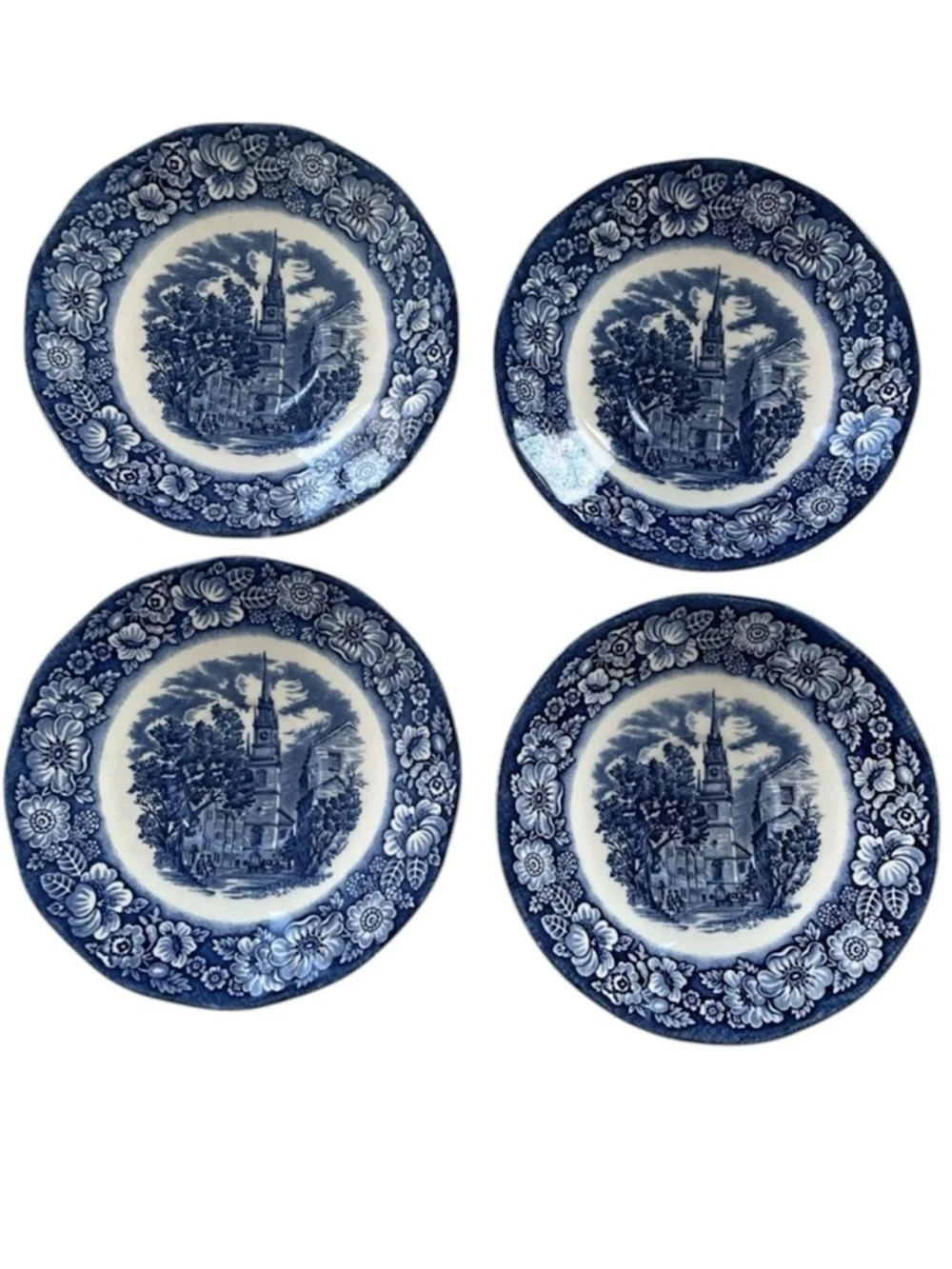 Staffordshire Ironstone Liberty Blue Tea Cup Saucers Old North Church Set Of 4